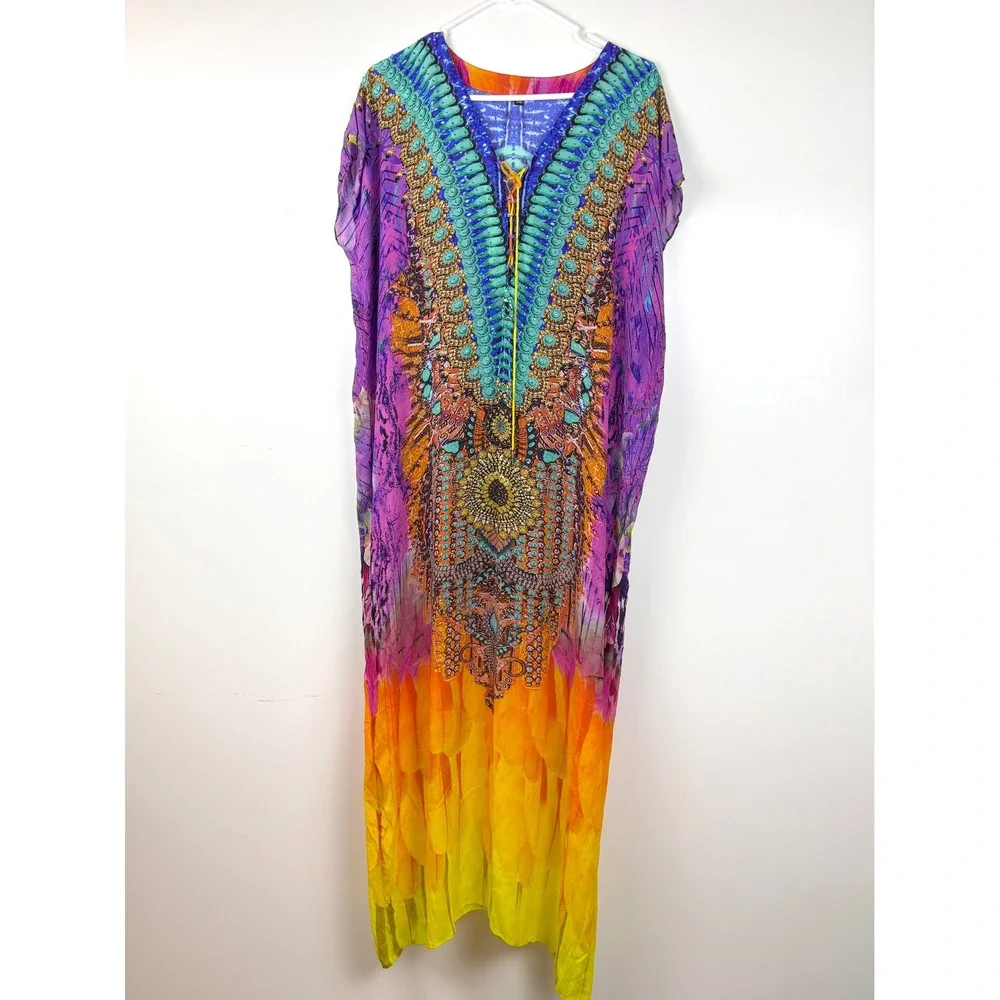 Bohemian Print Kaftan Maxi Dress Purple Yellow Lace Up V-Neck Size S/M - Picture 2 of 12